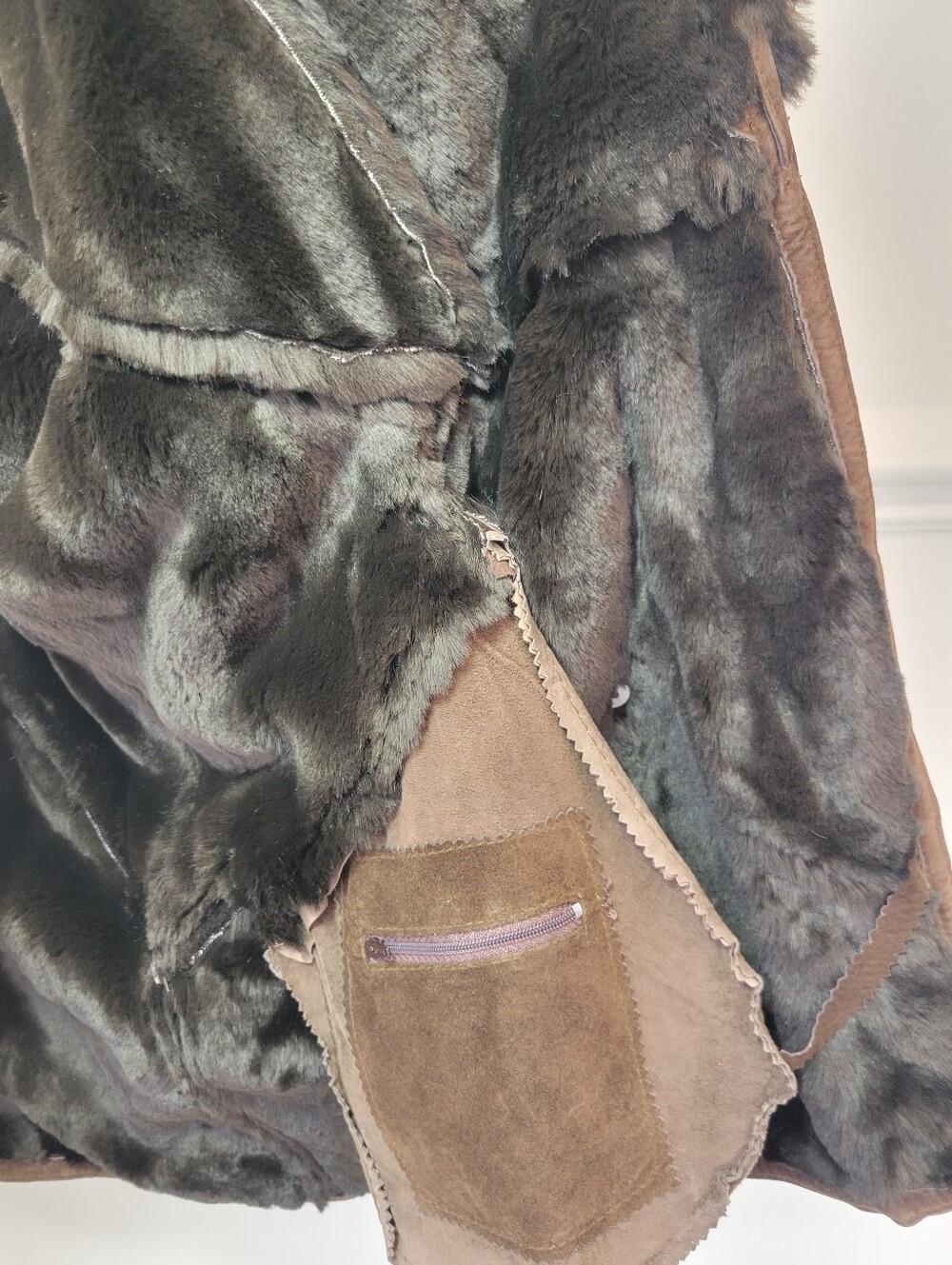 Vintage The Flight Club Brown Suede Faux Fur Oversized Statement Coat M - Picture 12 of 15